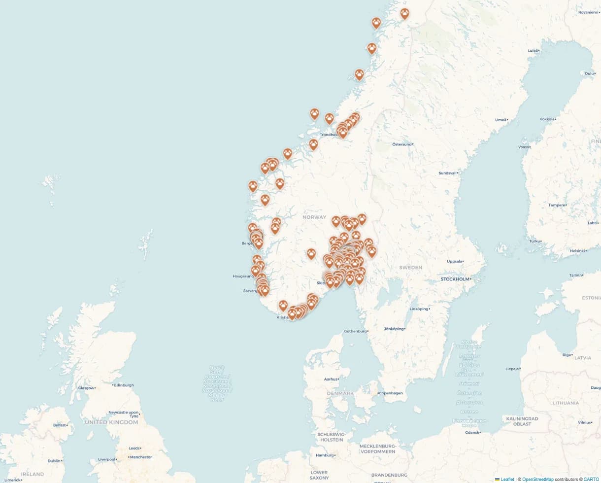 Kart over 196 hundefrisører i Norge